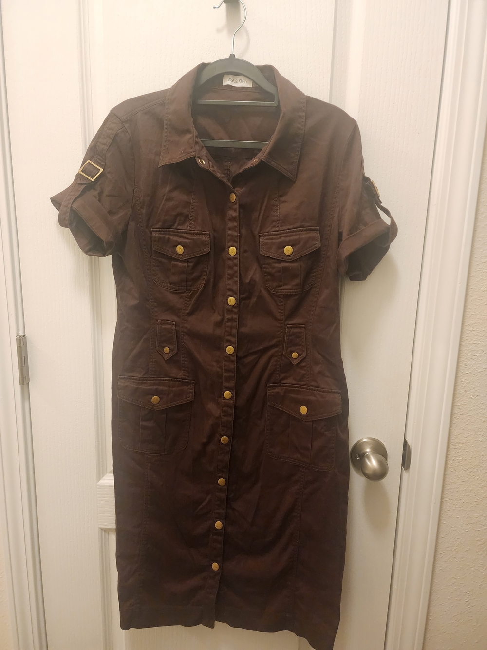 Calvin Klein Women’s Size 12 Brown Utility Safari Shirt Dress Cotton Stretch